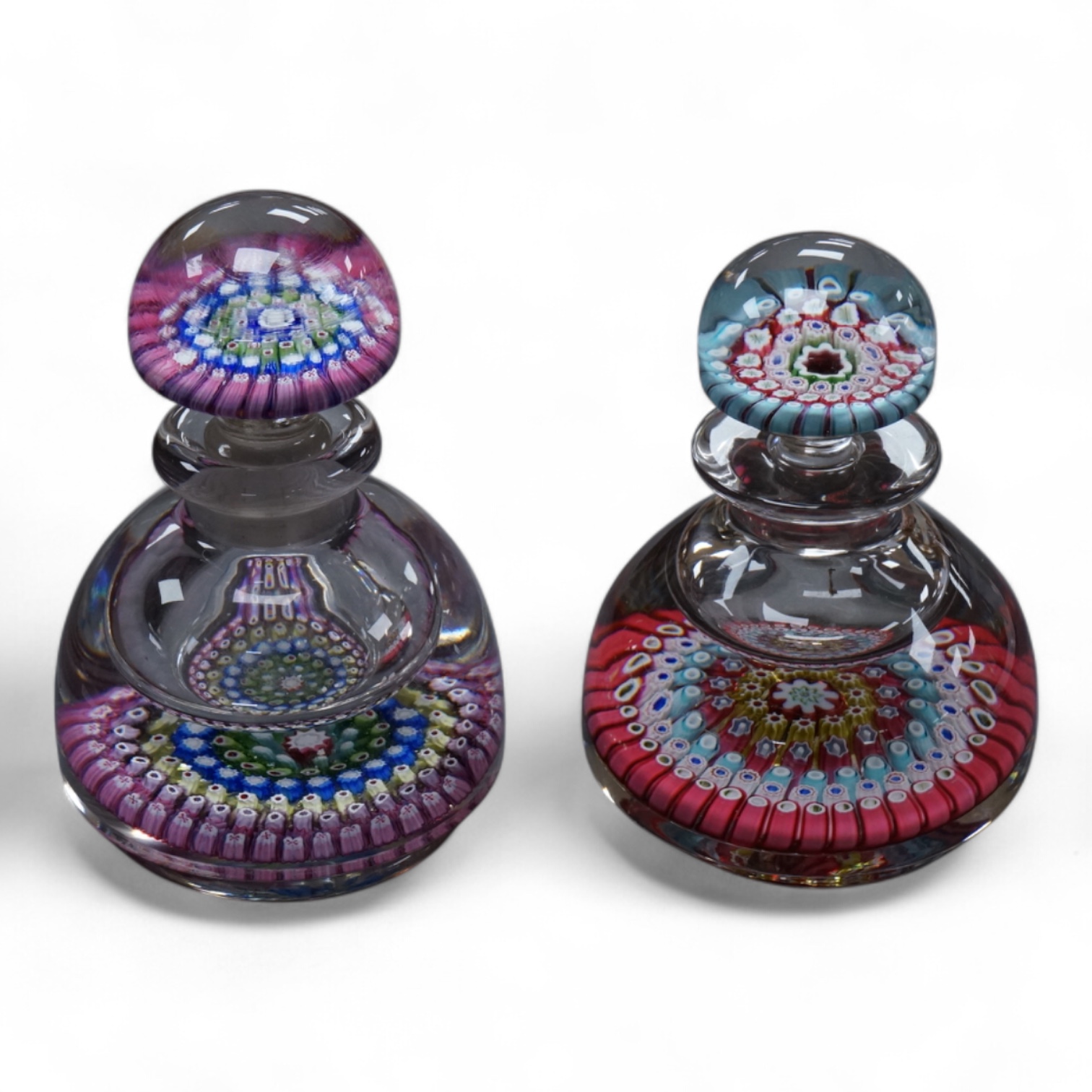 Two Whitefriars millefiori inkwells with stoppers, tallest 17cm high.